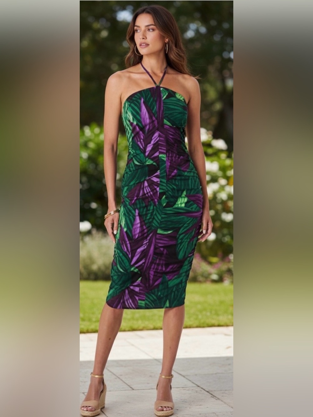 NWT Bold Elements Green Purple Tropical Halter Neck Bodycon Party Dress Size L